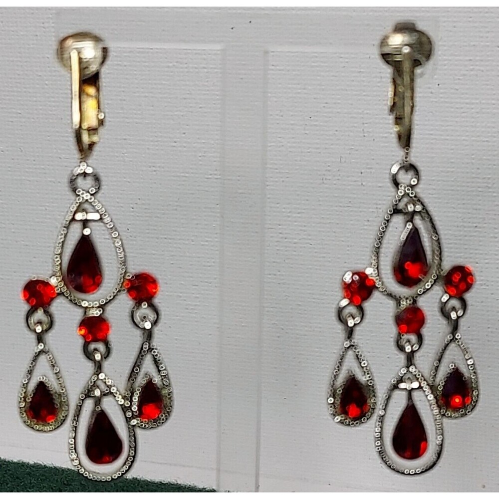 Crystal Chandelier Ear Red Silver teardrops clip-on 2 1/4"